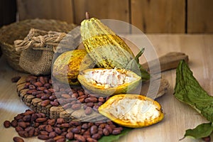 Cacao fruit, raw cacao beans, Cocoa pod on wooden background