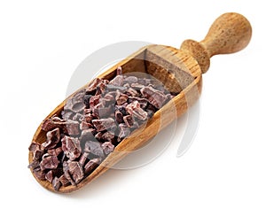 Cacao nibs in shovel on white background