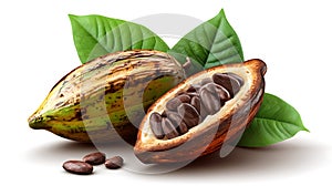 Cacao pod (Theobroma cacao) displayed with one pod intact and another cut open photo