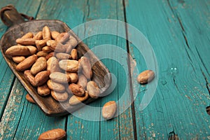 Cacao raw beans in rustic wooden scoop