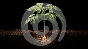 Cacao tree roots and soil layers illustrated in educational botanical cross section.