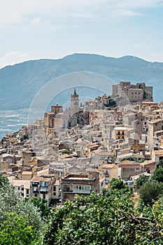 Caccamo, Sicily, Italy. View of popular hilltop medieval town with impressive Norman castle and surrounding countryside.Italian