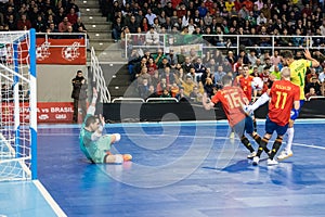Indoor footsal match of national teams of Spain and Brazil at the Multiusos Pavilion of Caceres