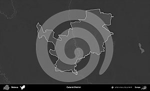 Cacersk District highlighted, Belarus. Grayscale