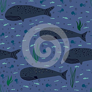 Cachalot and whale doodle ornament seamless pattern. Plankton print with fishes and seaweeds in navy blue palette