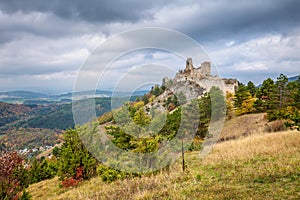 Cachtice castle with surrounding landscape in autumn time