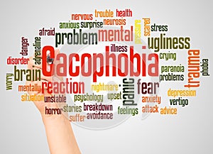 Cacophobia fear of ugliness word word cloud and hand with marker concept