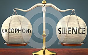 Cacophony and silence staying in balance - pictured as a metal scale with weights and labels cacophony and silence to symbolize