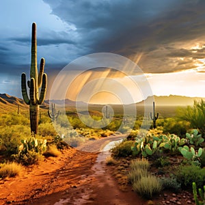 Cacti against the background of the desert and high rocks and mountains. Sunrise and sunset