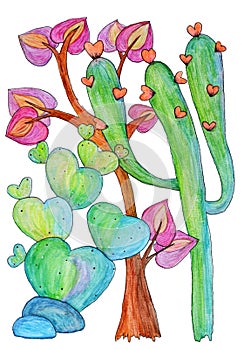 Cacti collection with flowers, branches and other succulents with hearts