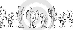 Cacti Desert plants seamless vector border. Wild West border cactus black white. Repeating horizontal pattern ethnic Native