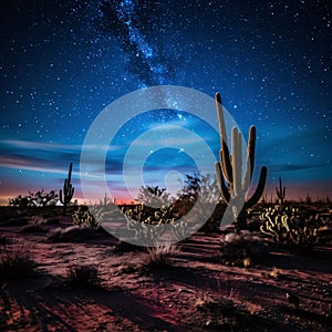 cacti in the desert with starry sky and milky way