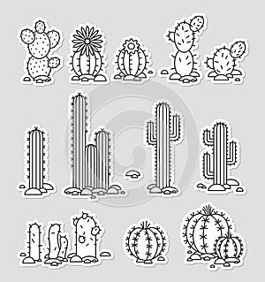 Cacti in the desert. Vector Set of black and white stickers