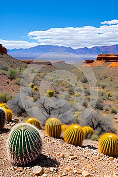 Cacti growing in dry valley against old distant mountains generated by ai