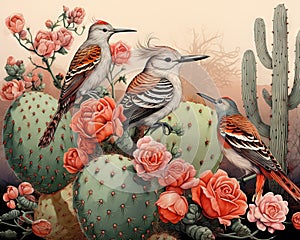 cacti and plants of hoopoes among roses.