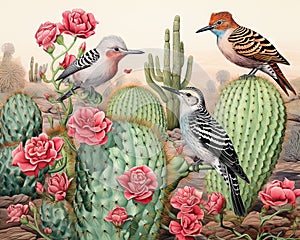 cacti and plants of hoopoes among roses.