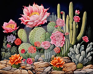 cacti and plants of hoopoes among roses.