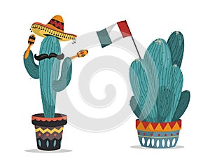 Cacti in a pot with Mexican paraphernalia.