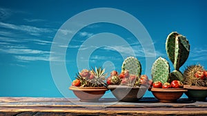 Cacti in pots against the background of the blue sky and the Mexican desert.