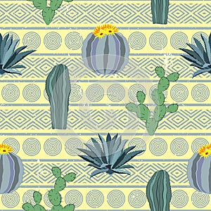 Cacti seamless pattern with geometric background. Vector illustration