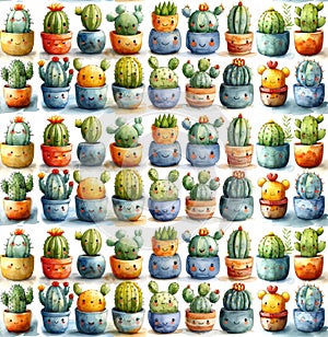 Cacti seamless pattern in kawaii style