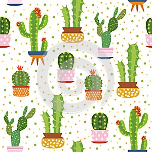 Cacti seamless pattern. Spiky cactus, desert plants bright repeated texture cute flower print aloe vera botanical vector photo