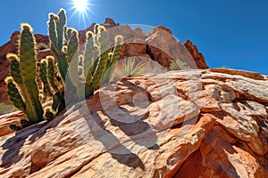 a cacti-studded desert cliff under a scorching sun