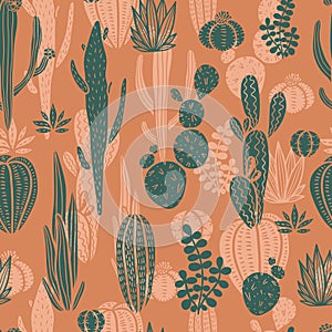 Cacti and succulents pictures seamless pattern on orange