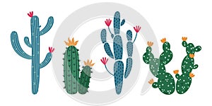 Cacti vector set. Saguaro with long green stem, prickly pear, spiny cereus. Blooming succulents with colorful flowers