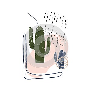 Cactus abstract art with lines and shapes. Hand drawn flat style trendy illustration for print, wall art, poster, banner etc