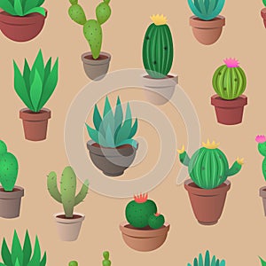 Cactus, agave, succulent and other plants seamless vector pattern.