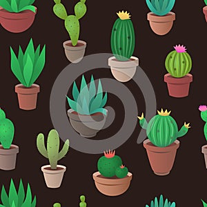 Cactus, agave, succulent and other plants seamless vector pattern.