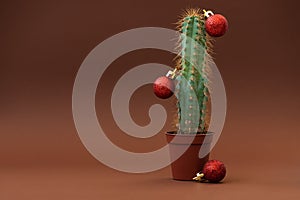 Cactus as Christmas tree with red balls on browm background. Christmas and New Year holidays celebration concept. Front view photo