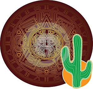 Cactus on background of stylized image of ancient Mayan calendar