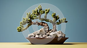 Cactus Bonsai Plant On Blue Background - Ed Freeman Style