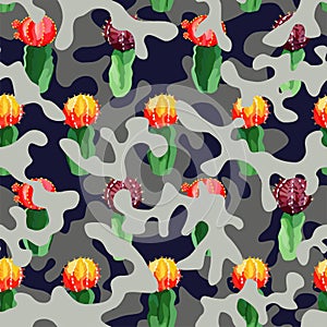 Cactus on the camo background in blue gray color