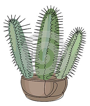 Cactus cereus dark three-stem. Indoor potted plant in modern trendy single line style. Solid line, outline for decor, posters, sti