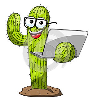 Cactus character mascot cartoon nerd laptop vector isolated