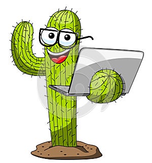 Cactus character mascot cartoon nerd laptop vector isolated photo