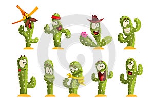 Cactus characters sett, funny cacti with different emotions vector Illustrations on a white background