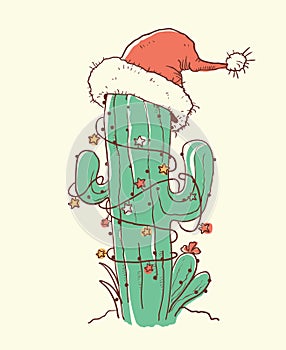 Cactus christmas red Santa hat .Vector color hand drawn illustration