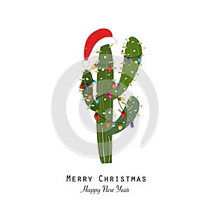 Cactus with colorful light bulb and santa claus hat. Merry christmas and happy new year greeting card