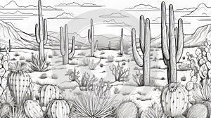 Cactus Coloring Page: Desert Landscape In Pencil Art Style