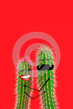 Cactus couple in love Creative modern pop art