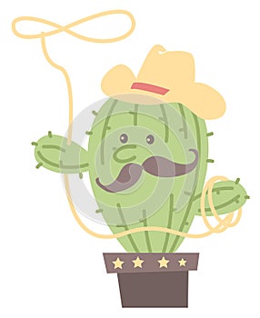 Cactus in cowboy hat with cowboy lasso rodeo. illustration isolated on white