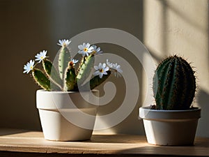 Cactus and daisy flowers in a white pot on the wooden shelf.