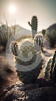 Cactus in the desert at sunset. Saguaro National Park, Arizona, USA
