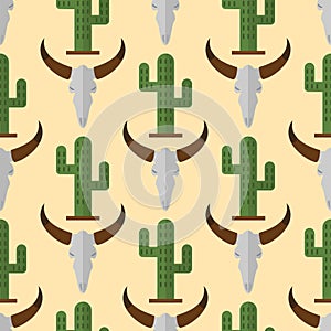 Cactus nature desert flower mexican succulent tropical plant cow skull seamless pattern cacti floral illustration.