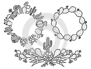 Cactus Floral Frame. Set Hand drawn outline cactus with flowers. Vector set cacti, aloe and succulent Collection of exotic plants