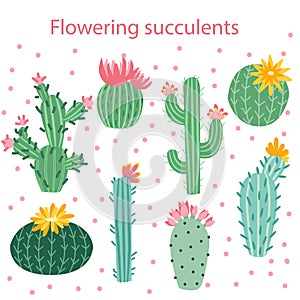 Cactus flower. Bright cacti, aloe leaves, exotic cactuses plants succulent summer desert tropical flora cartoon, botanical vector